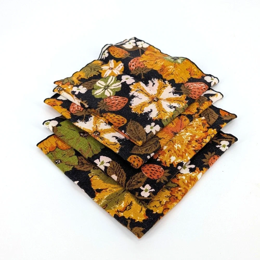 Vintage MCM Linen Napkins Set 4 70s Floral Strawberry Print Mustard Orange 15